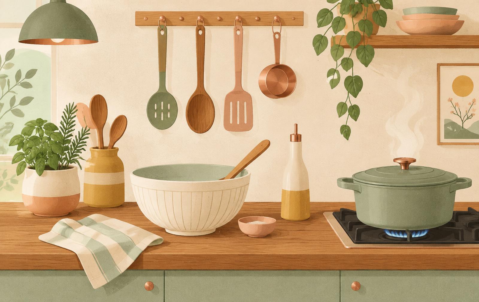A warm illustrated kitchen counter with a mixing bowl, wooden utensils and a steaming pot